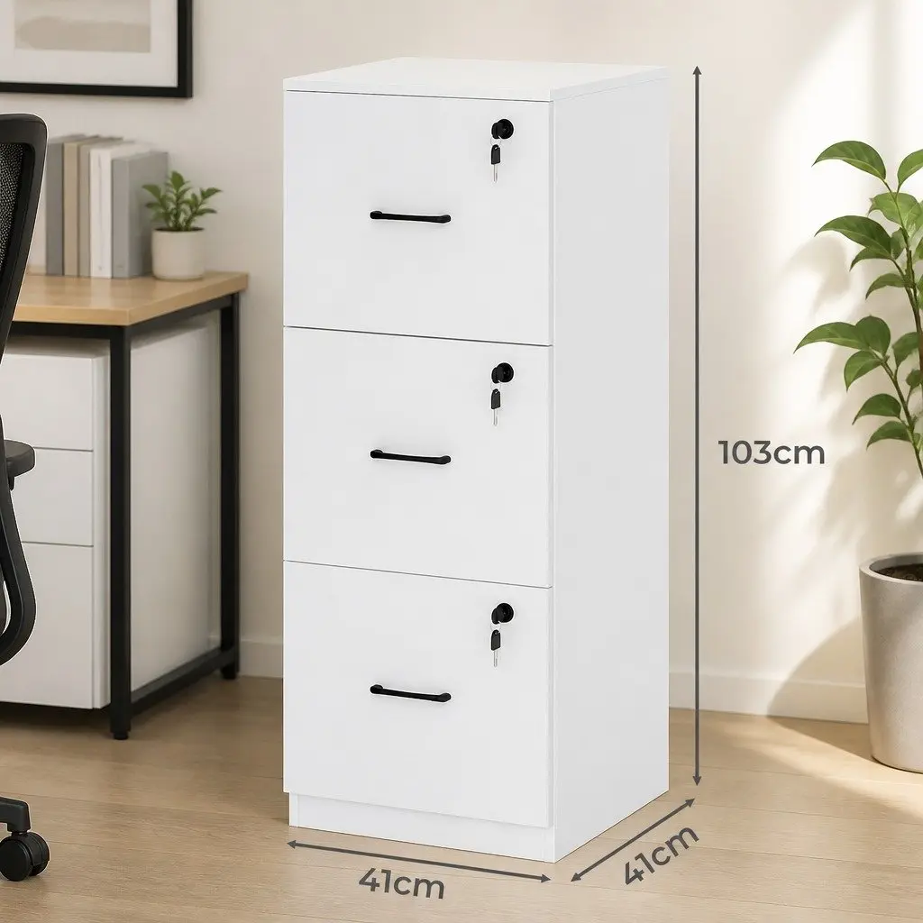 File Cabinet White 3 Drawer Lockable Office Home Organizer Modern