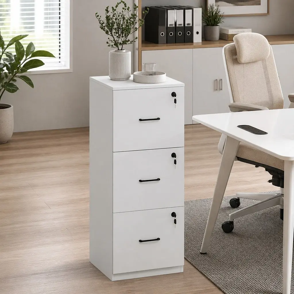 File Cabinet White 3 Drawer Lockable Office Home Organizer Modern