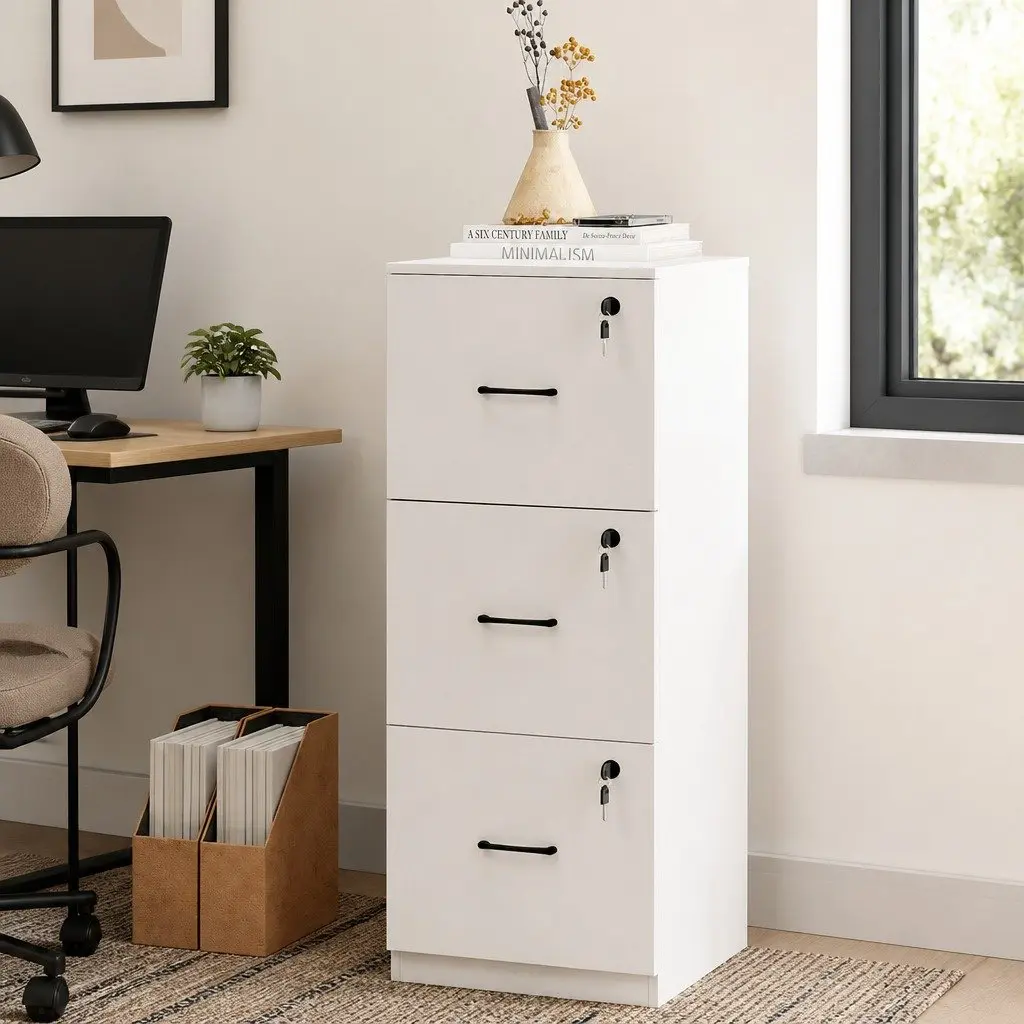 File Cabinet White 3 Drawer Lockable Office Home Organizer Modern