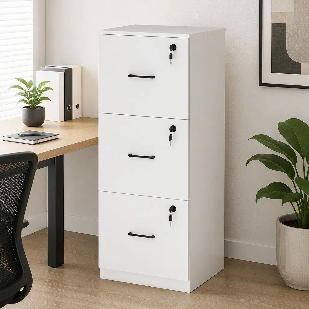 File Cabinet White 3 Drawer Lockable Office Home Organizer Modern