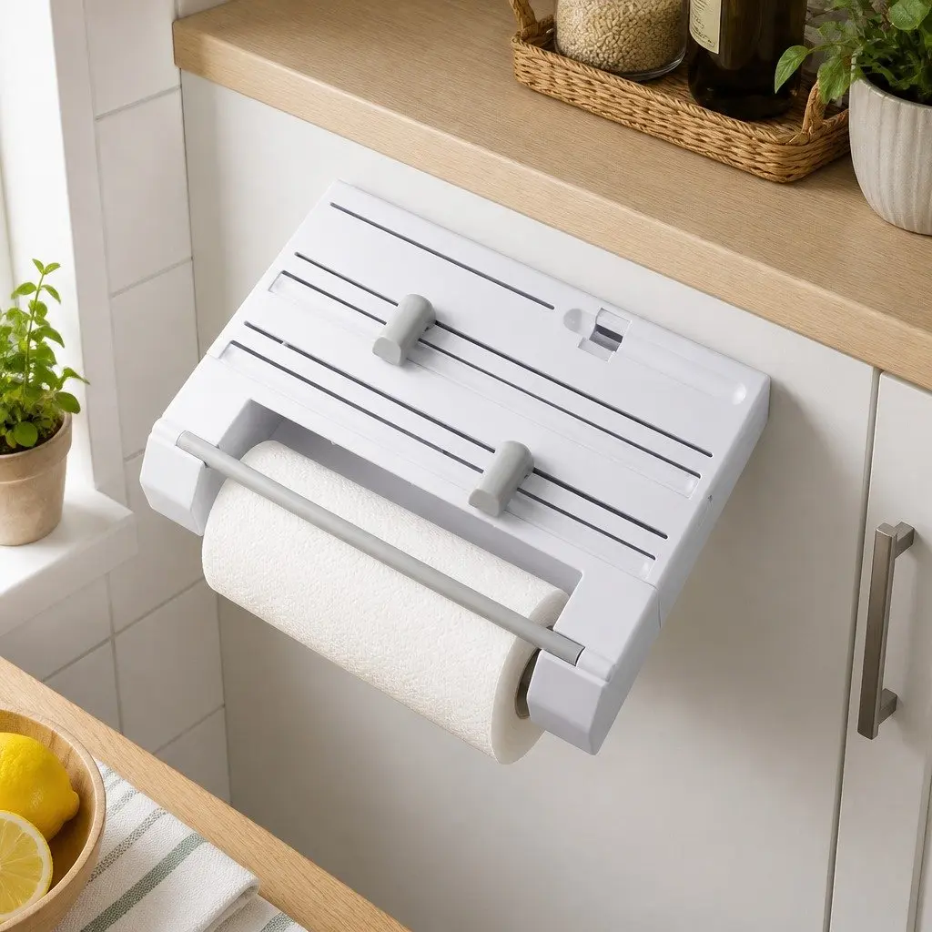 Wall Mounted Kitchen Rack White 37.8cm x 31cm x 6.5cm Paper Towel Holder with Foil Plastic Wrap Dispenser