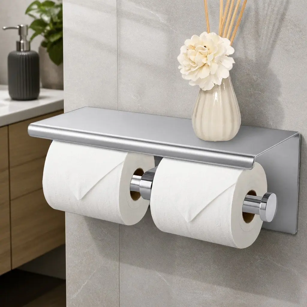 Toilet Paper Holder Double Roll Wall Mount Stainless Steel Bathroom Storage Rack