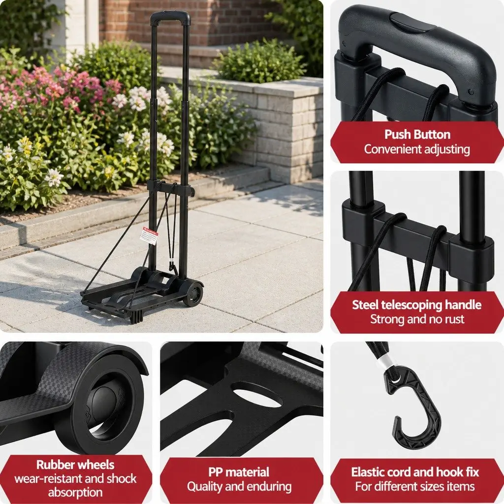 Folding Hand Trolley Black Lightweight Portable 25kg Adjustable Handle