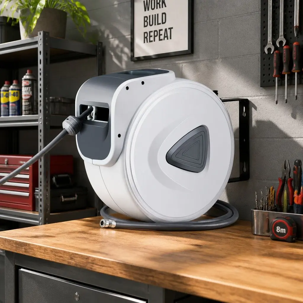 Air Hose Reel Grey 20m Retractable Auto Rewind Wall Mount Swivel