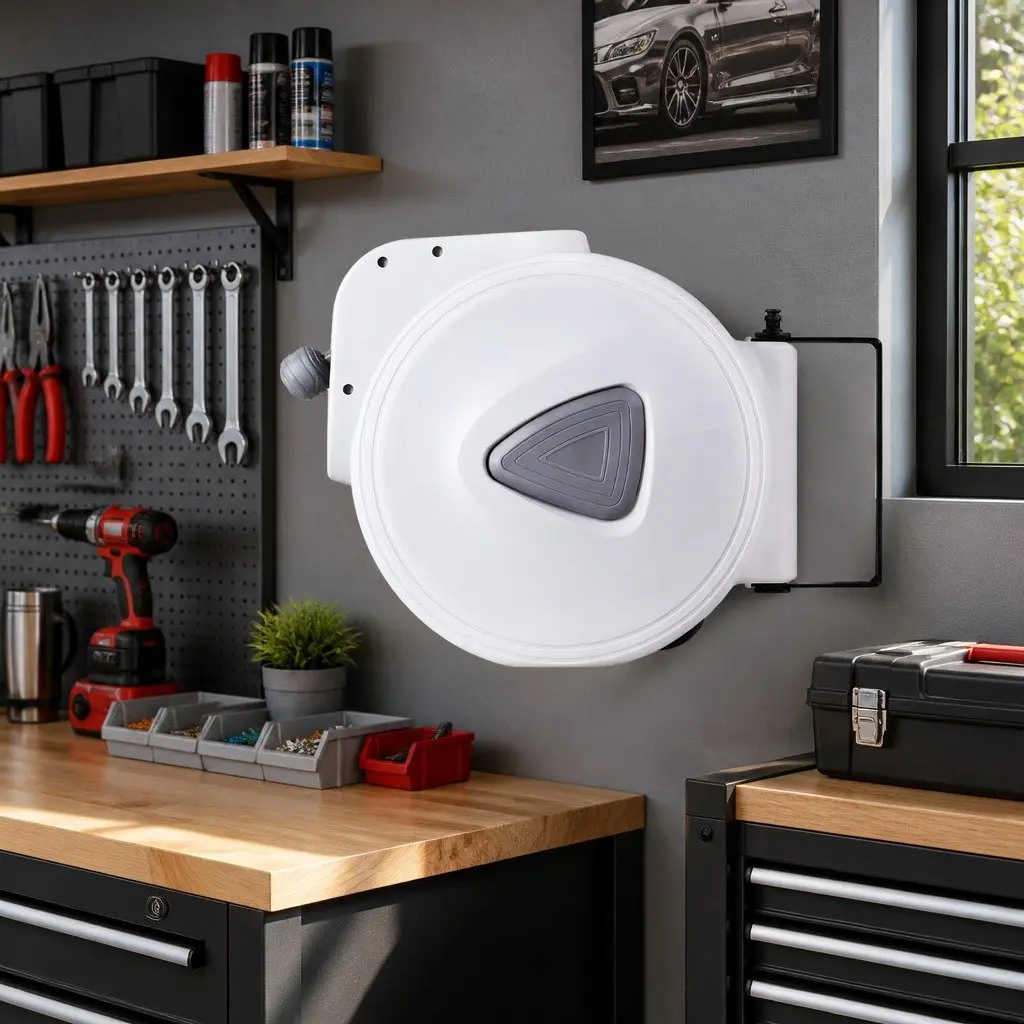 Air Hose Reel Grey 20m Retractable Auto Rewind Wall Mount Swivel