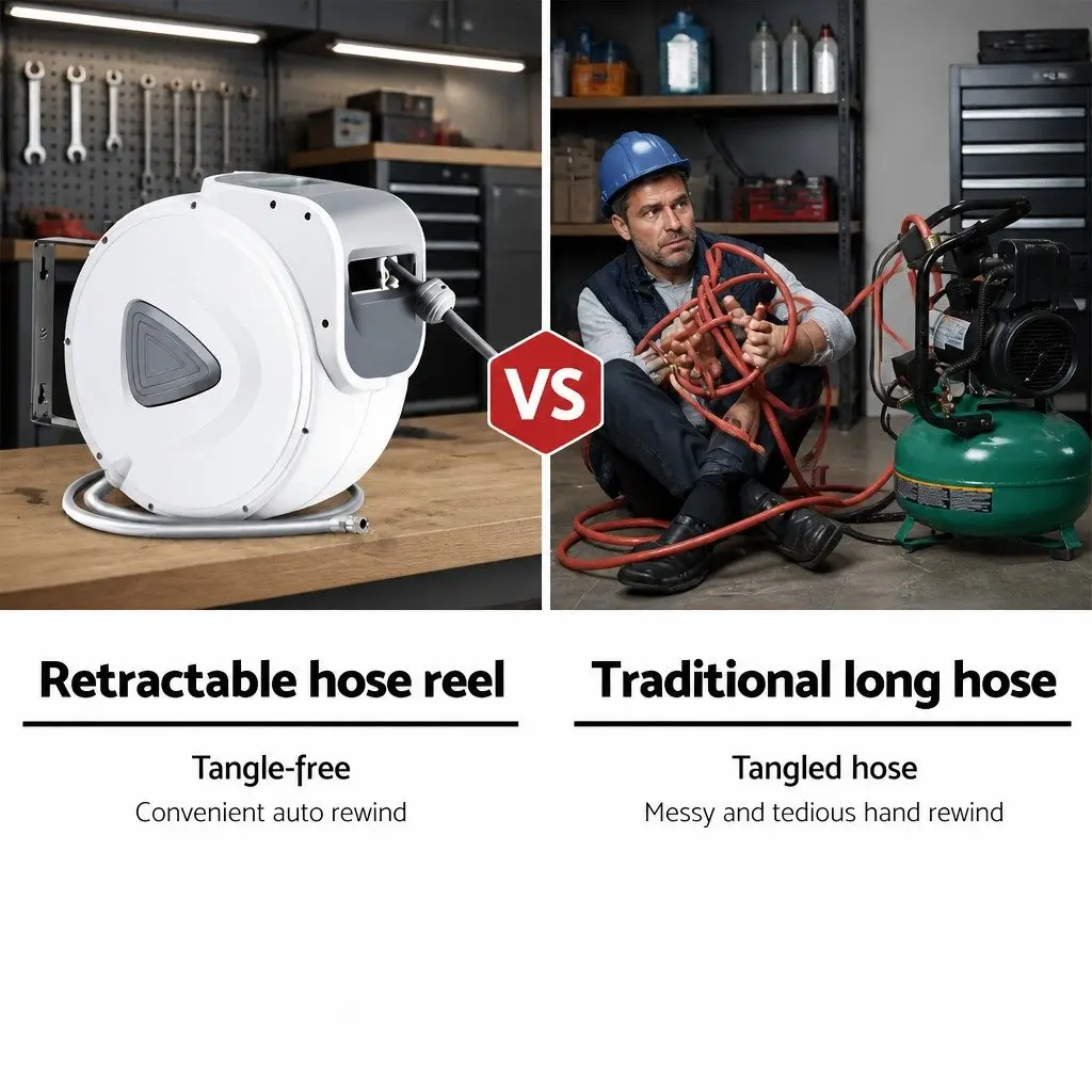 Air Hose Reel Grey 20m Retractable Auto Rewind Wall Mount Swivel
