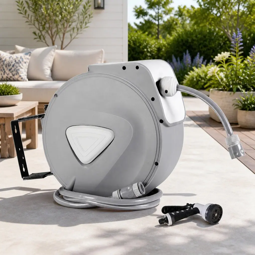 Water Hose Reel 20M Retractable Auto Rewind Spray Gun Wall Mount Garden Watering