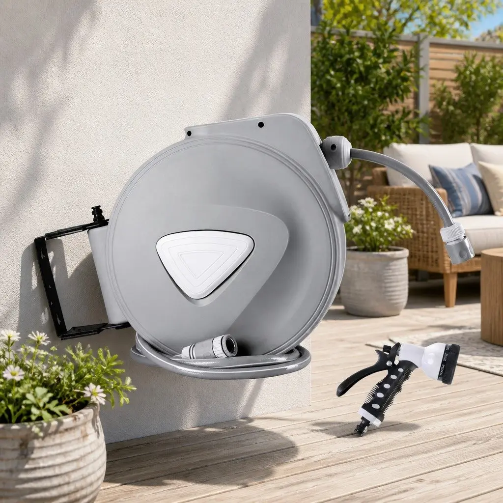 Water Hose Reel Grey 20M Retractable Auto Rewind Wall Mount with Spray Gun