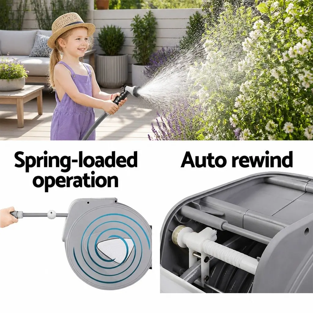 Water Hose Reel Grey 20M Retractable Auto Rewind Wall Mount with Spray Gun