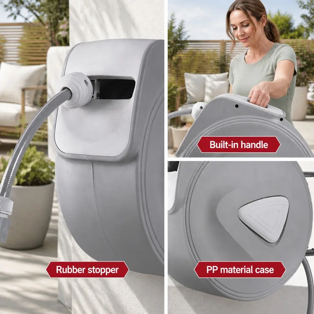 Water Hose Reel Grey 20M Retractable Auto Rewind Wall Mount with Spray Gun