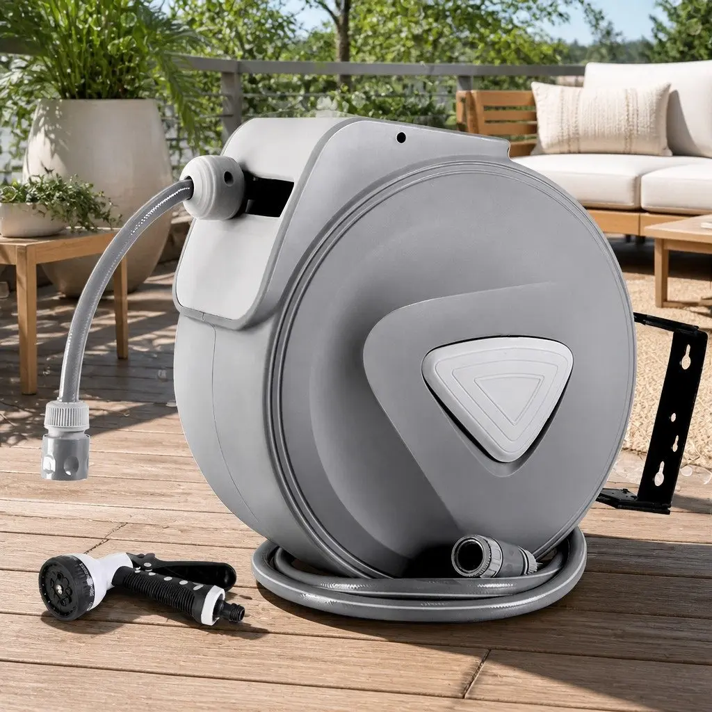 Water Hose Reel Grey 20M Retractable Auto Rewind Wall Mount with Spray Gun