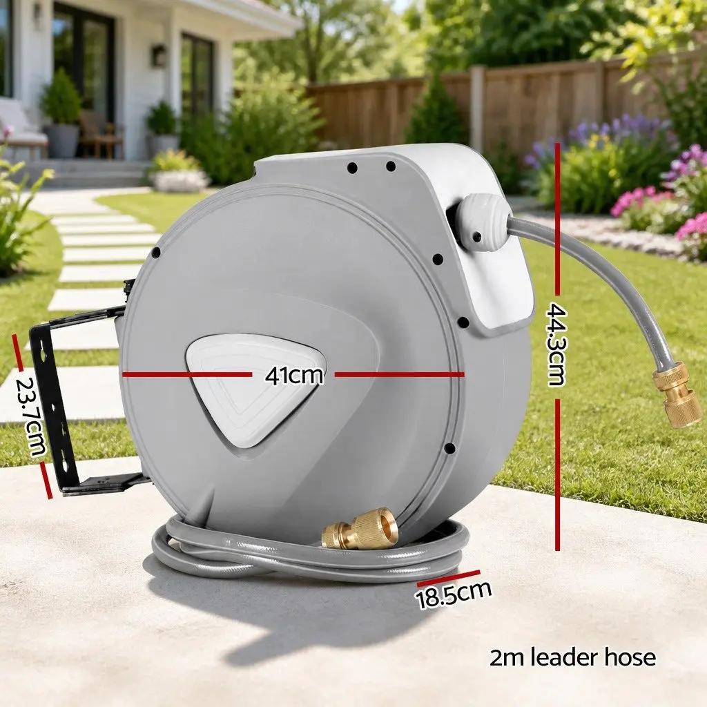 Water Hose Reel Grey 30M Retractable Auto Rewind Wall Mount with Brass Spray Gun