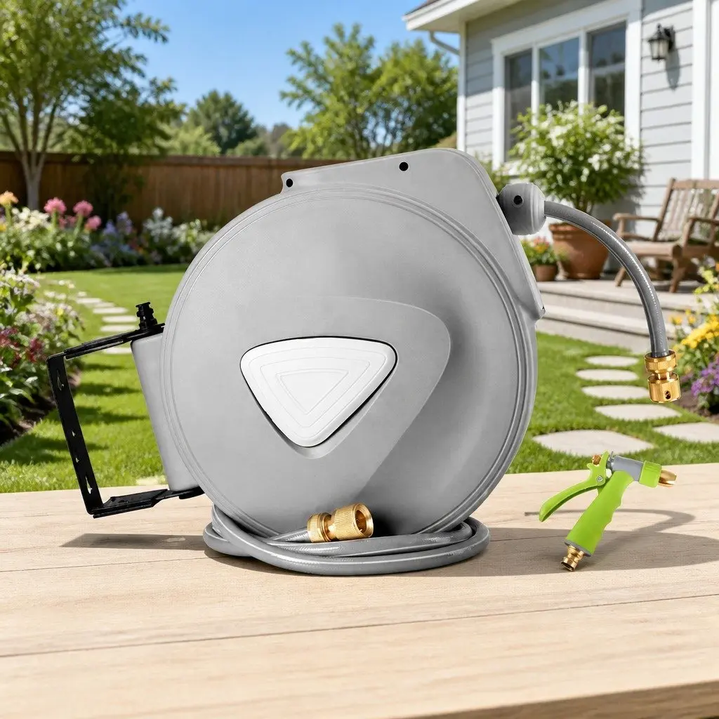 Water Hose Reel Grey 30M Retractable Auto Rewind Wall Mount with Brass Spray Gun