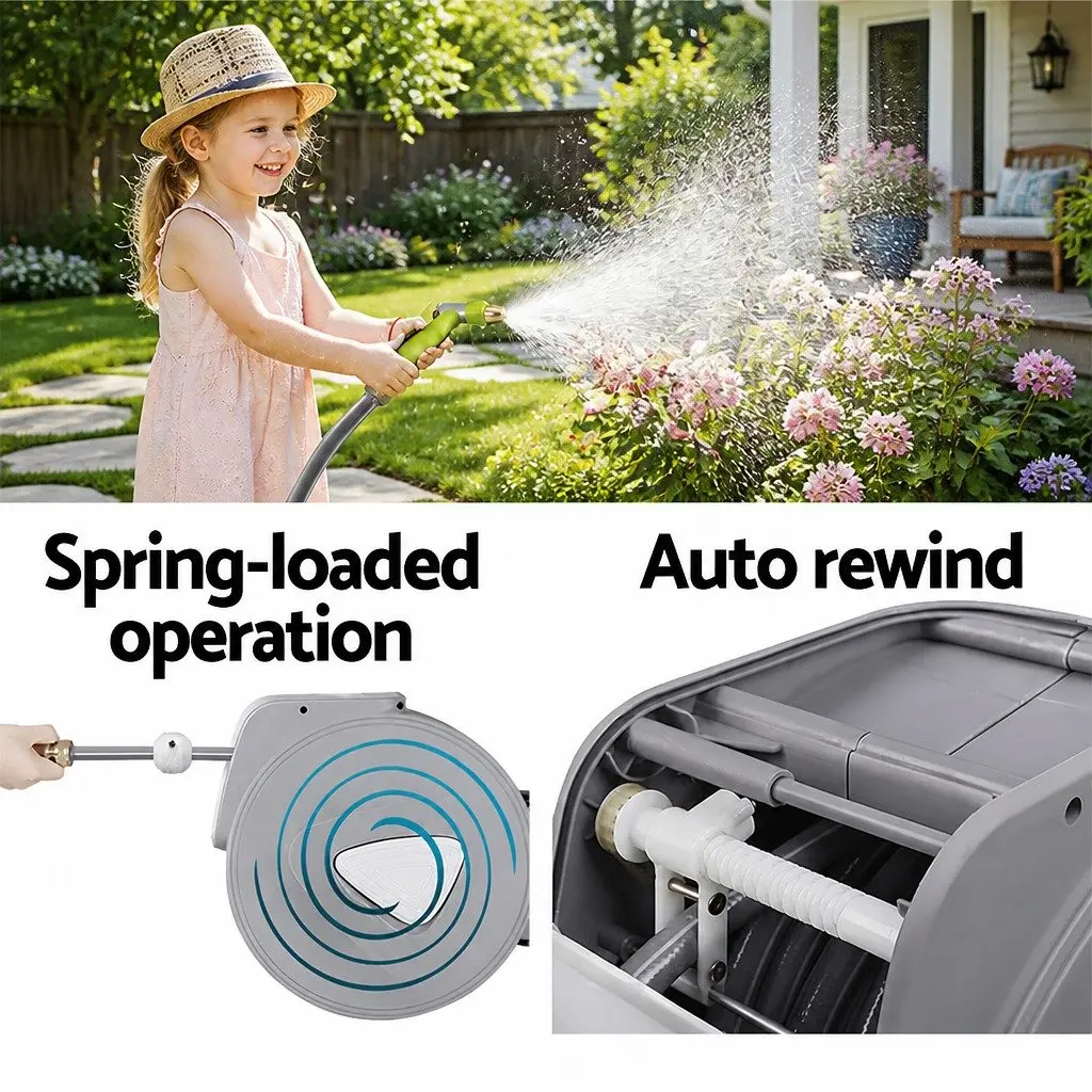 Water Hose Reel Grey 30M Retractable Auto Rewind Wall Mount with Brass Spray Gun