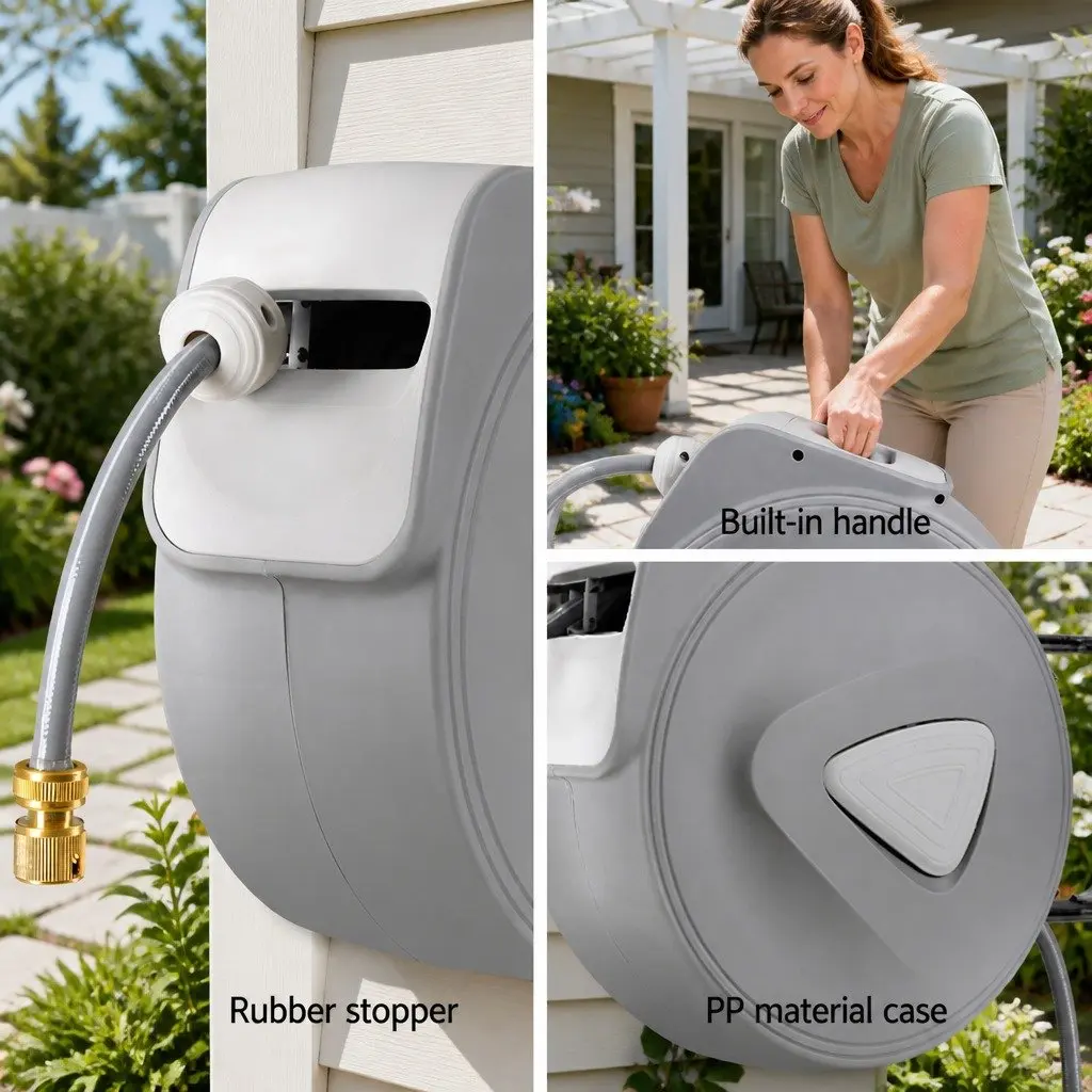 Water Hose Reel Grey 30M Retractable Auto Rewind Wall Mount with Brass Spray Gun