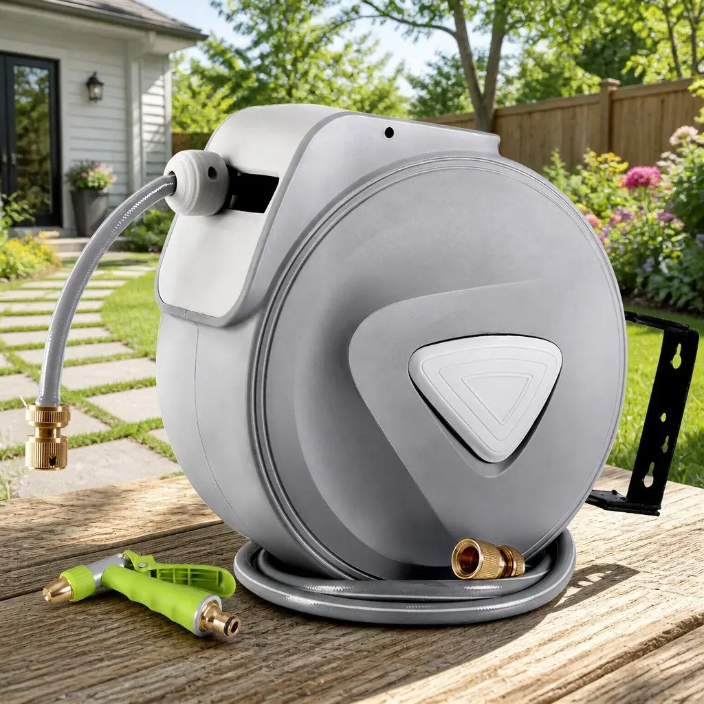 Water Hose Reel Grey 30M Retractable Auto Rewind Wall Mount with Brass Spray Gun