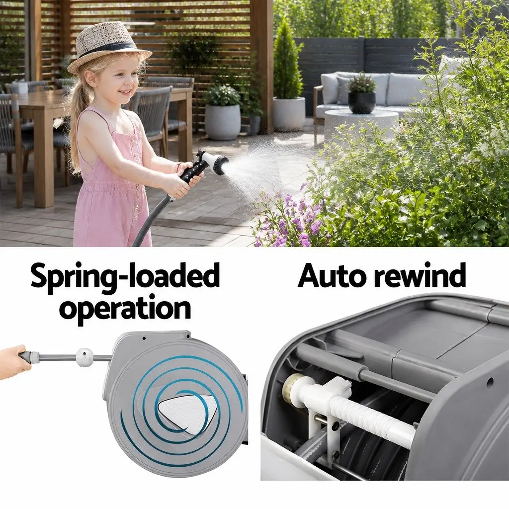 Water Hose Reel Grey 30M Retractable Auto Rewind Wall Mount with 9 Setting Spray Gun