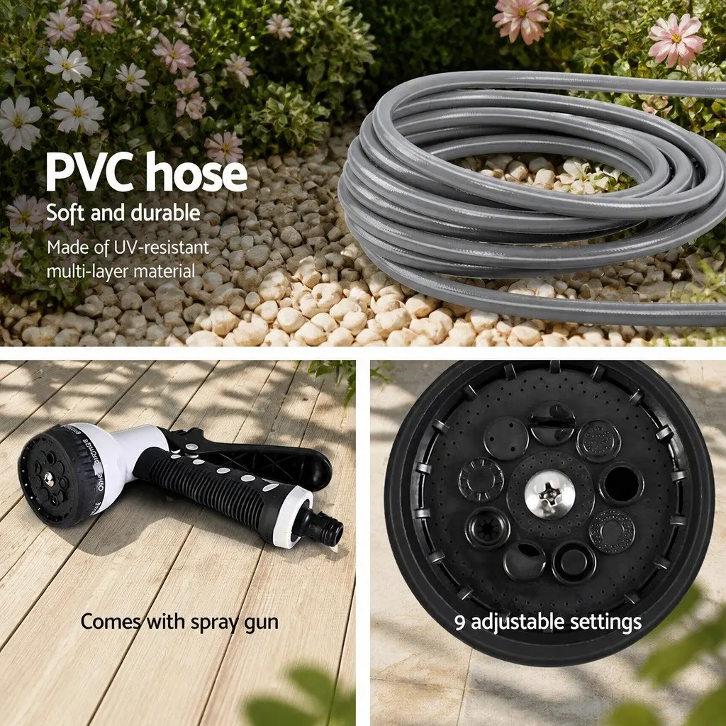 Water Hose Reel Grey 30M Retractable Auto Rewind Wall Mount with 9 Setting Spray Gun