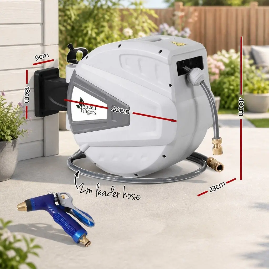 Water Hose Reel White 30M Retractable Auto Rewind Wall Mount with Spray Gun