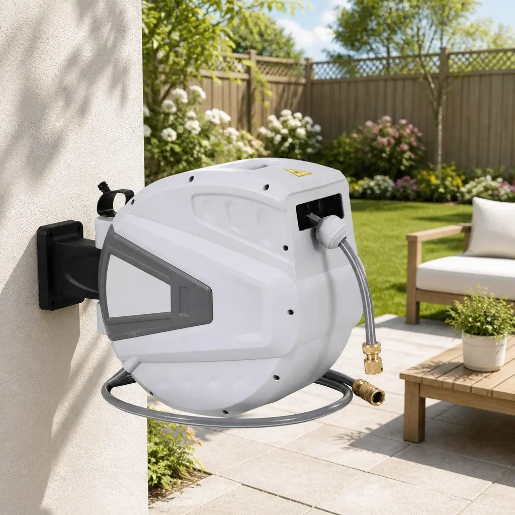 Water Hose Reel White 30M Retractable Auto Rewind Wall Mount with Spray Gun