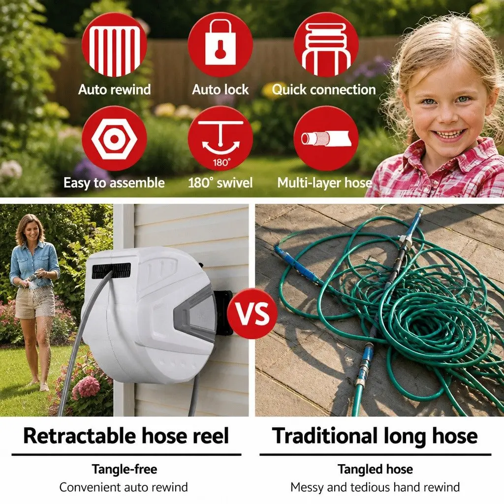 Water Hose Reel White 30M Retractable Auto Rewind Wall Mount with Spray Gun