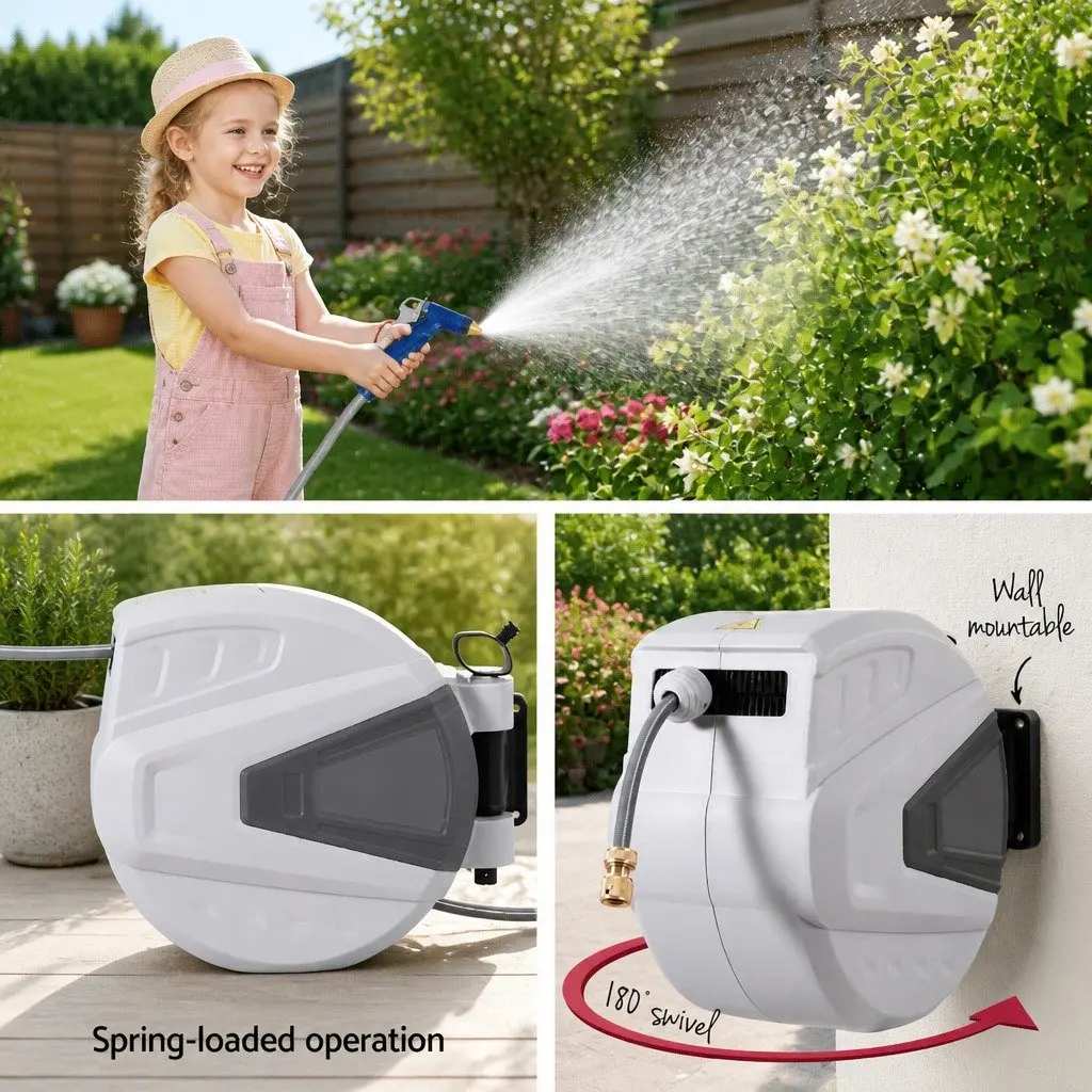 Water Hose Reel White 30M Retractable Auto Rewind Wall Mount with Spray Gun