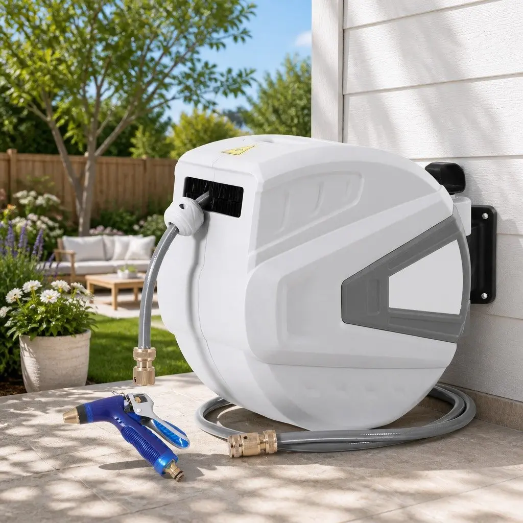 Water Hose Reel White 30M Retractable Auto Rewind Wall Mount with Spray Gun