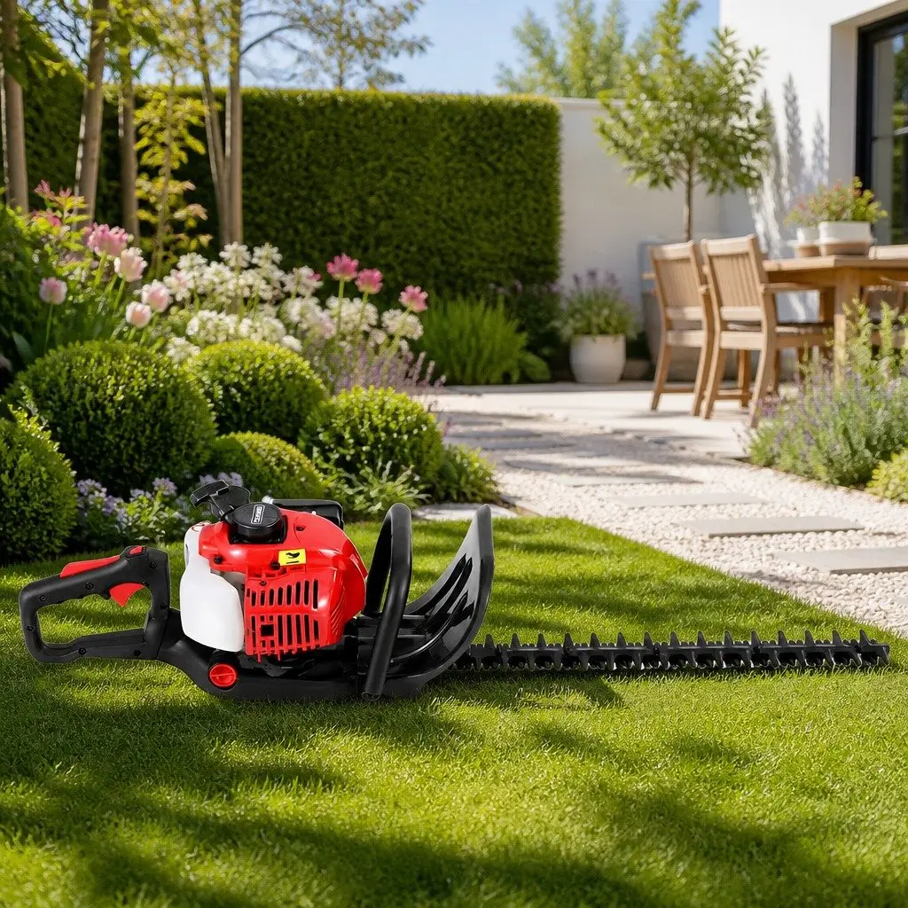 Petrol Hedge Trimmer Red 24" Dual Blade Lightweight E-START System