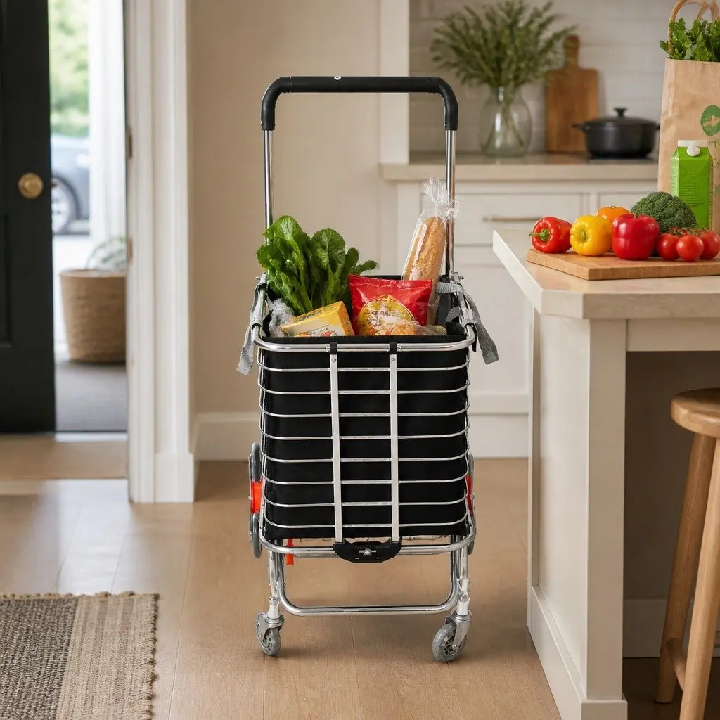 Foldable Shopping Cart Trolley Black Silver Stair Climbing Wheels Lightweight Waterproof Bag