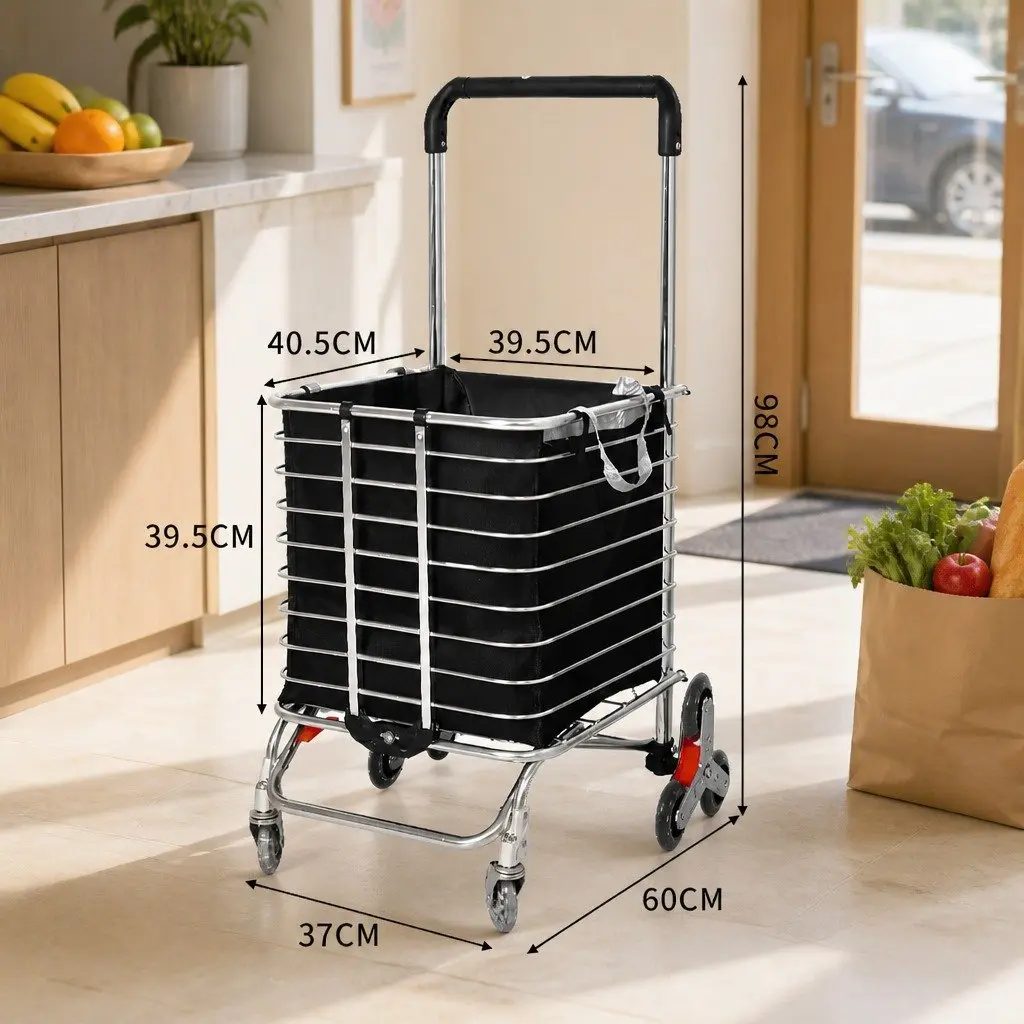 Foldable Shopping Cart Trolley Black Silver Stair Climbing Wheels Lightweight Waterproof Bag