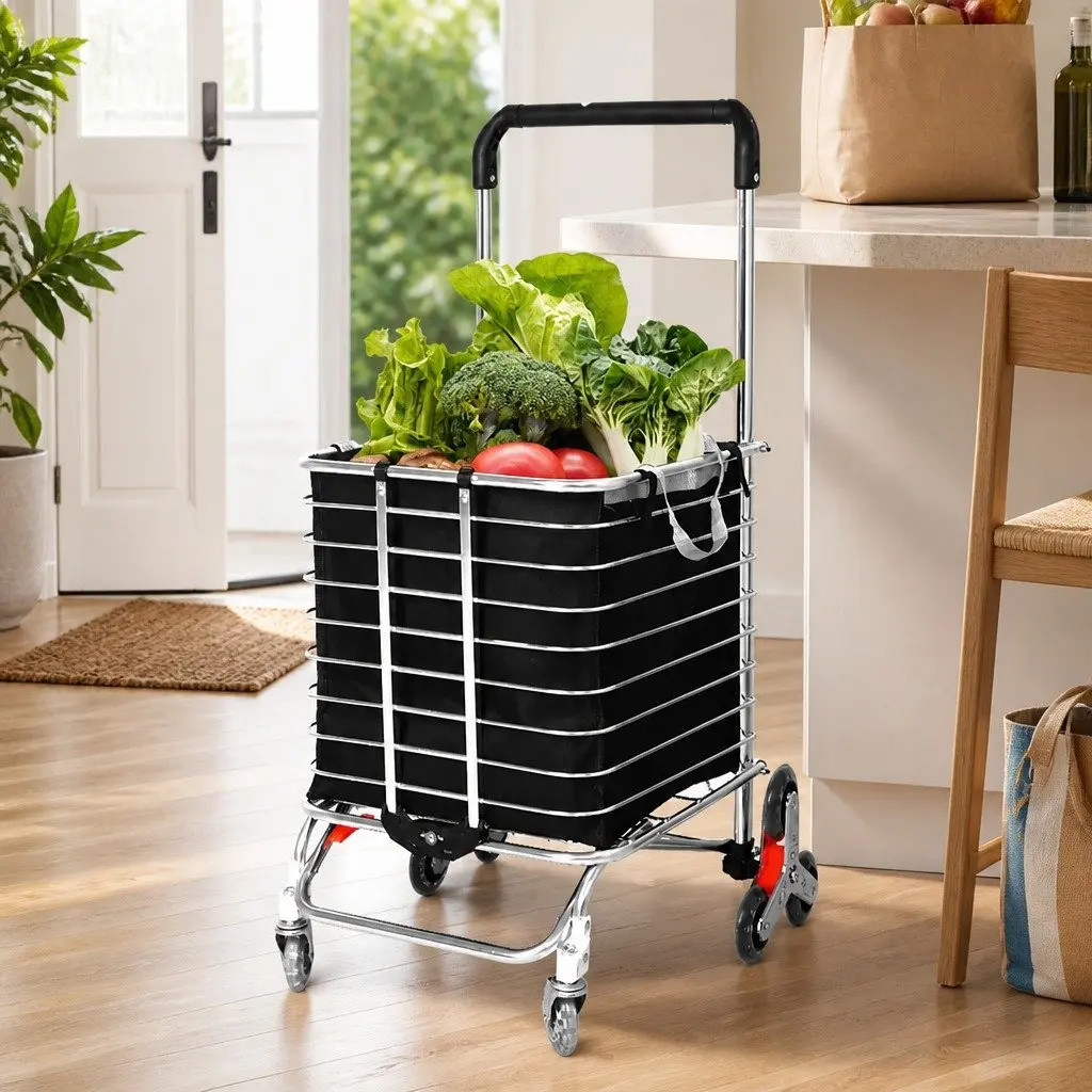 Foldable Shopping Cart Trolley Black Silver Stair Climbing Wheels Lightweight Waterproof Bag
