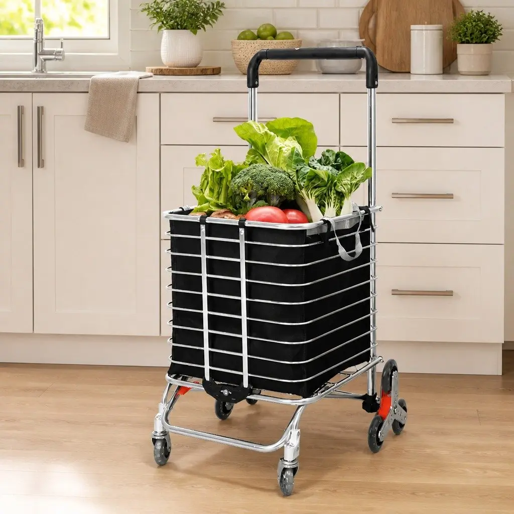 Foldable Shopping Cart Trolley Black Silver Stair Climbing Wheels Lightweight Waterproof Bag