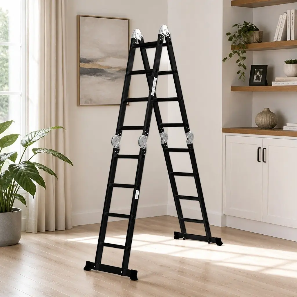 Multi-Purpose Folding Ladder Black 4.7M Heavy Duty Aluminium Non-Slip Rungs