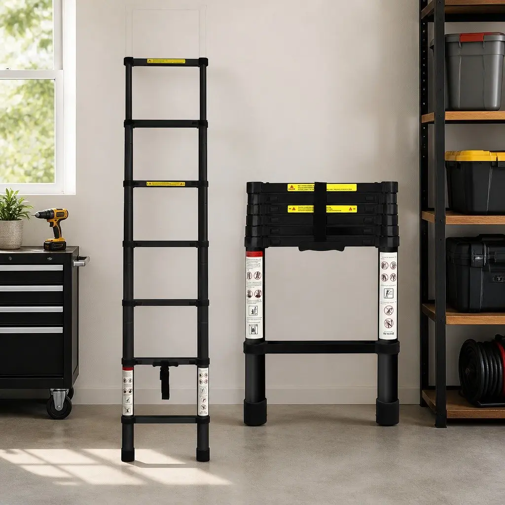 Telescopic Aluminium Ladder Silver 2M Extendable Multi-Purpose Collapsible Step Ladder