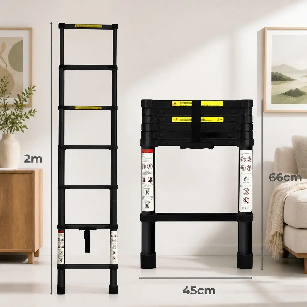 Telescopic Aluminium Ladder Silver 2M Extendable Multi-Purpose Collapsible Step Ladder