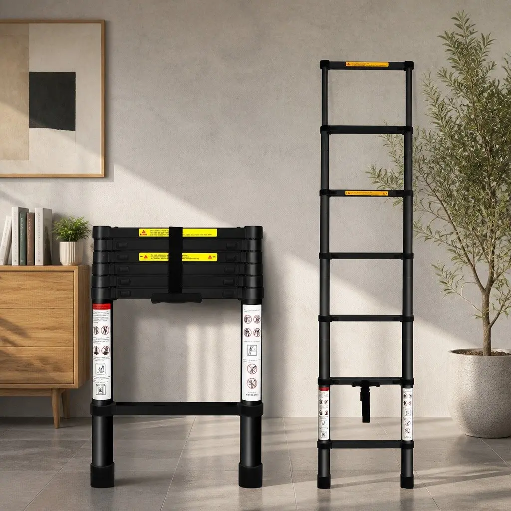 Telescopic Aluminium Ladder Silver 2M Extendable Multi-Purpose Collapsible Step Ladder
