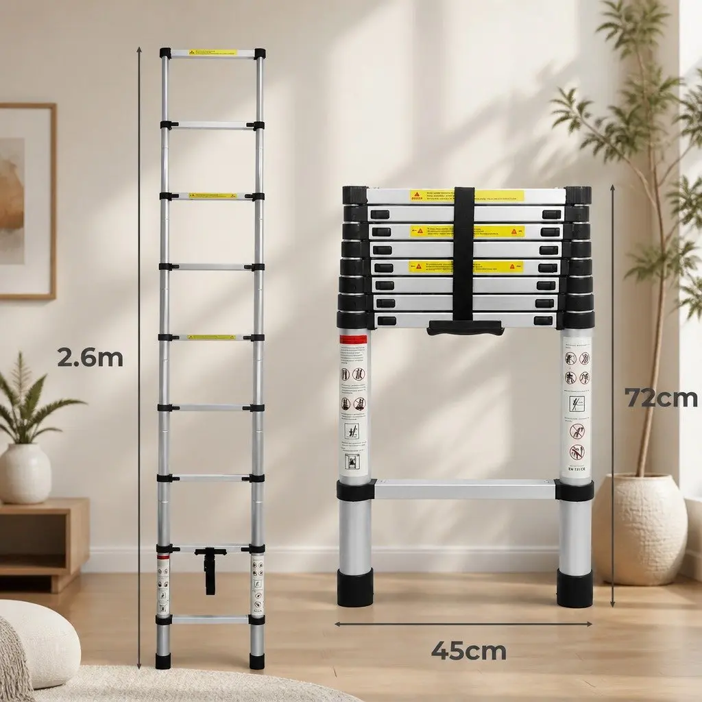 Telescopic Ladder 2.6M Multipurpose Extendable Aluminium Collapsible Work Steps