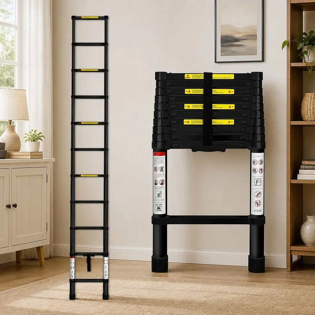 Telescopic Ladder Black 3.2M Aluminium Extendable Portable Multi-Purpose