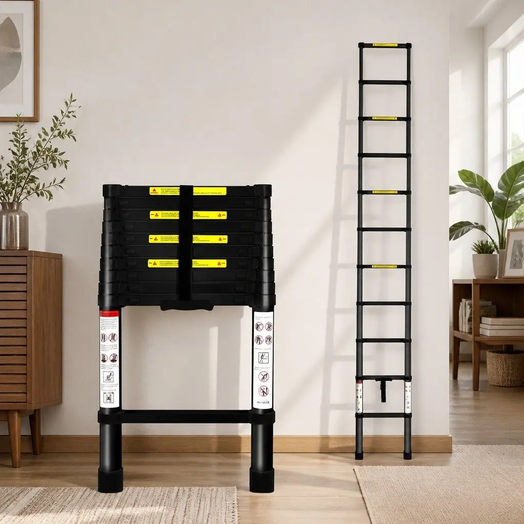 Telescopic Ladder Black 3.2M Aluminium Extendable Portable Multi-Purpose