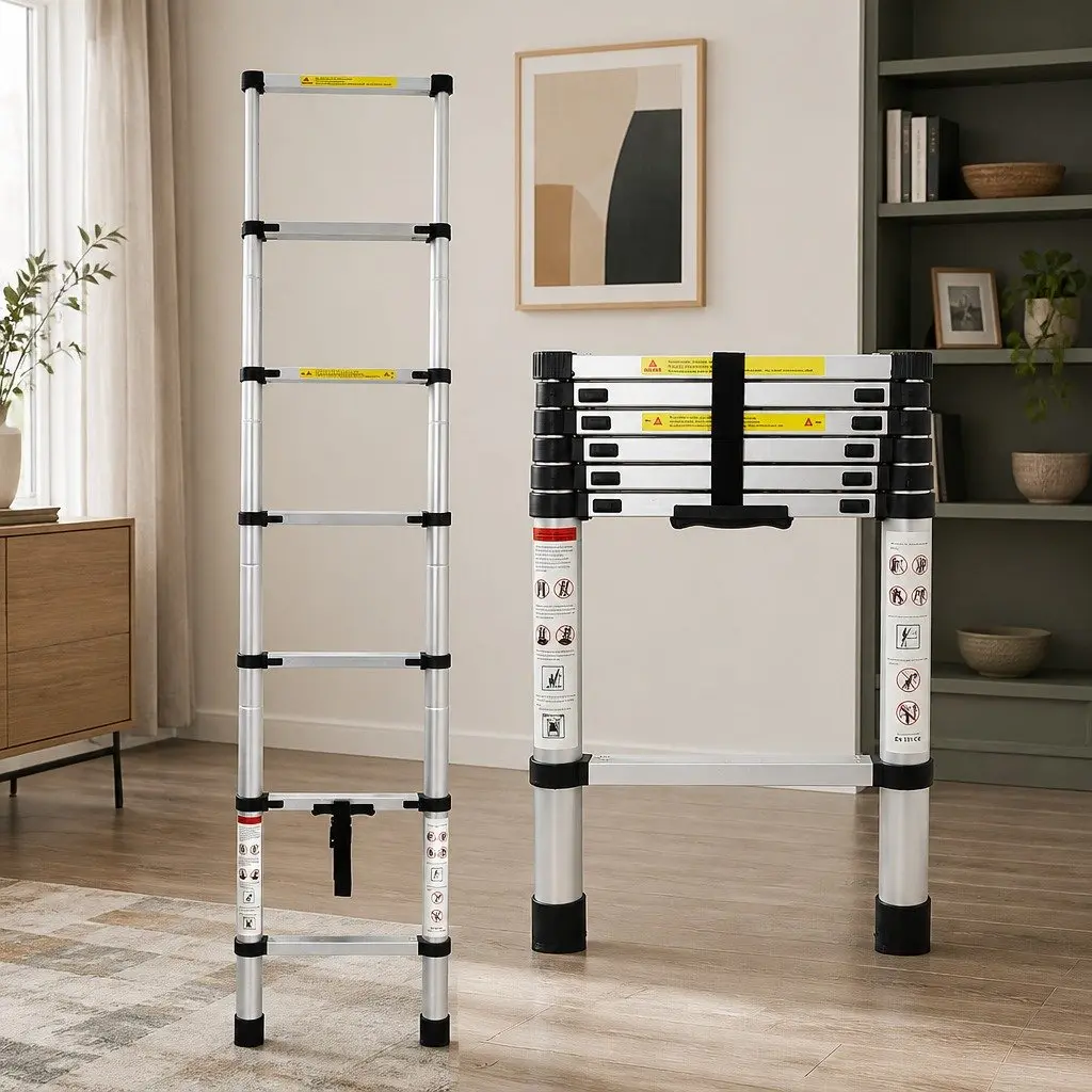 Telescopic Ladder Silver 2M Multipurpose Aluminium Extendable Collapsible Step Ladder