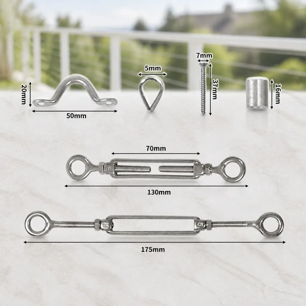 Wire Rope Kit Silver 3.2mm DIY Balustrade Fence Installation with Turnbuckles Thimbles Ferrules