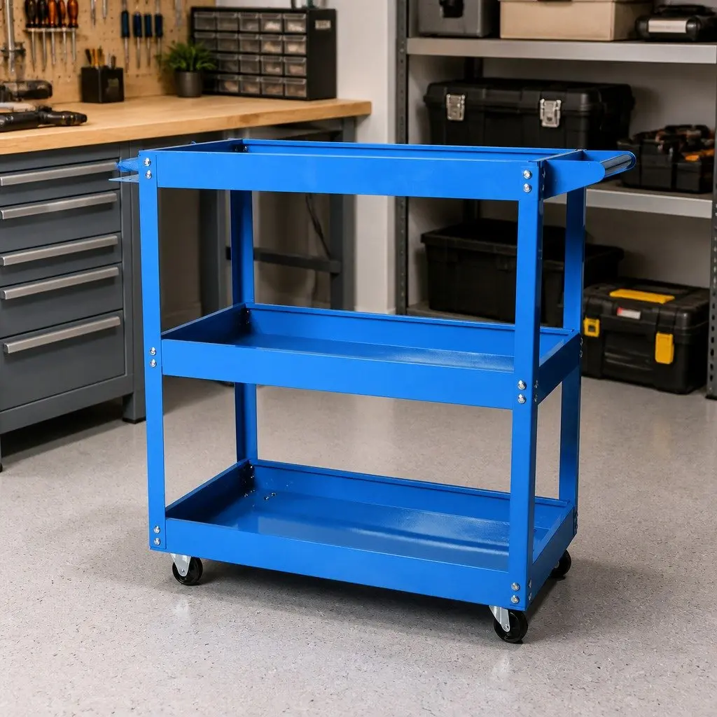 Tool Cart Trolley Blue 3 Storage Trays Castor Wheels Cold Rolled Steel Workshop Garage