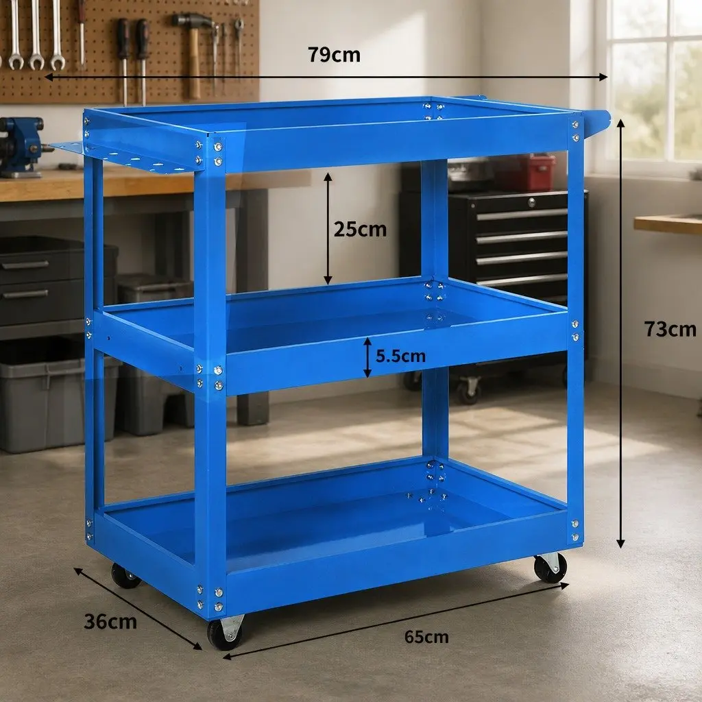Tool Cart Trolley Blue 3 Storage Trays Castor Wheels Cold Rolled Steel Workshop Garage