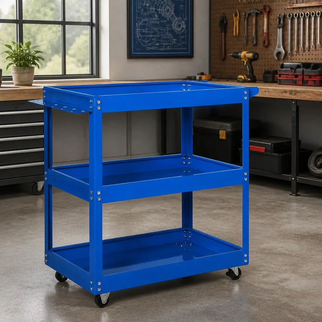 Tool Cart Trolley Blue 3 Storage Trays Castor Wheels Cold Rolled Steel Workshop Garage