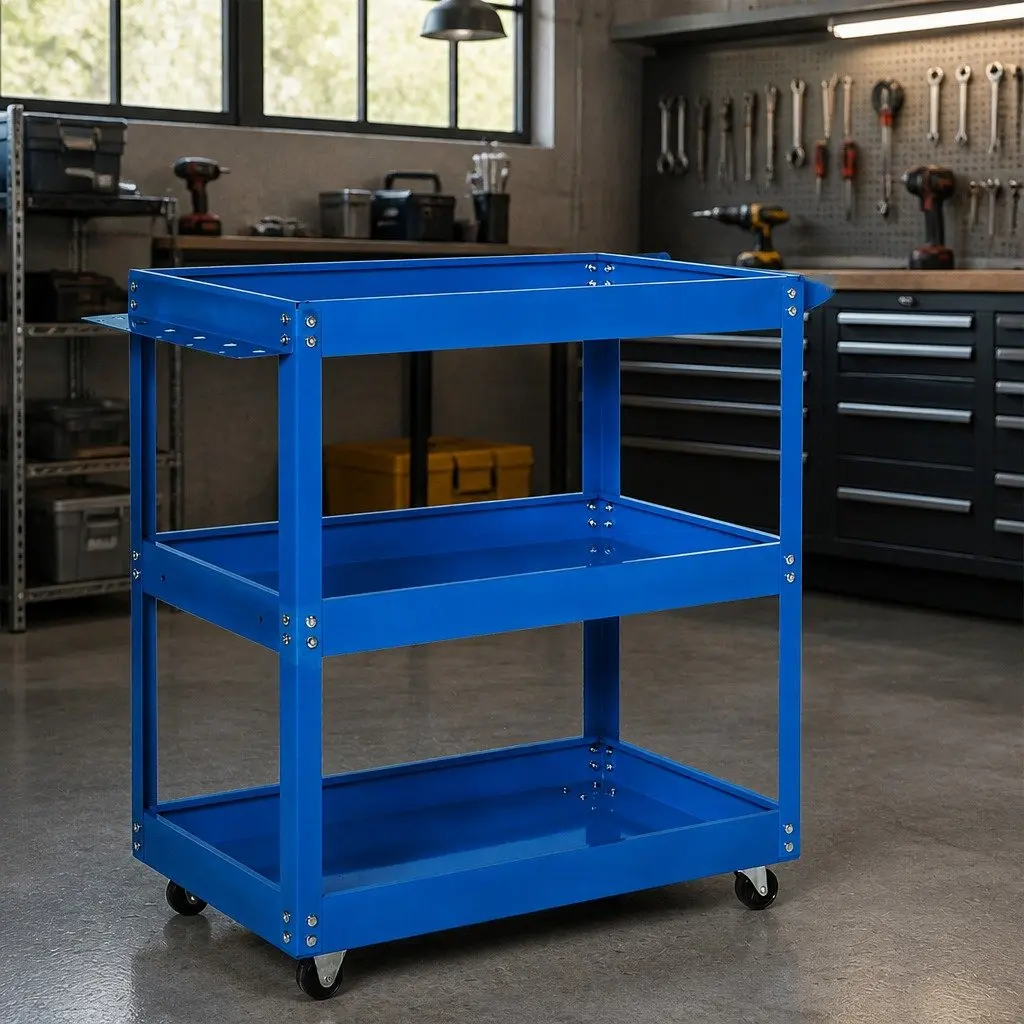 Tool Cart Trolley Blue 3 Storage Trays Castor Wheels Cold Rolled Steel Workshop Garage
