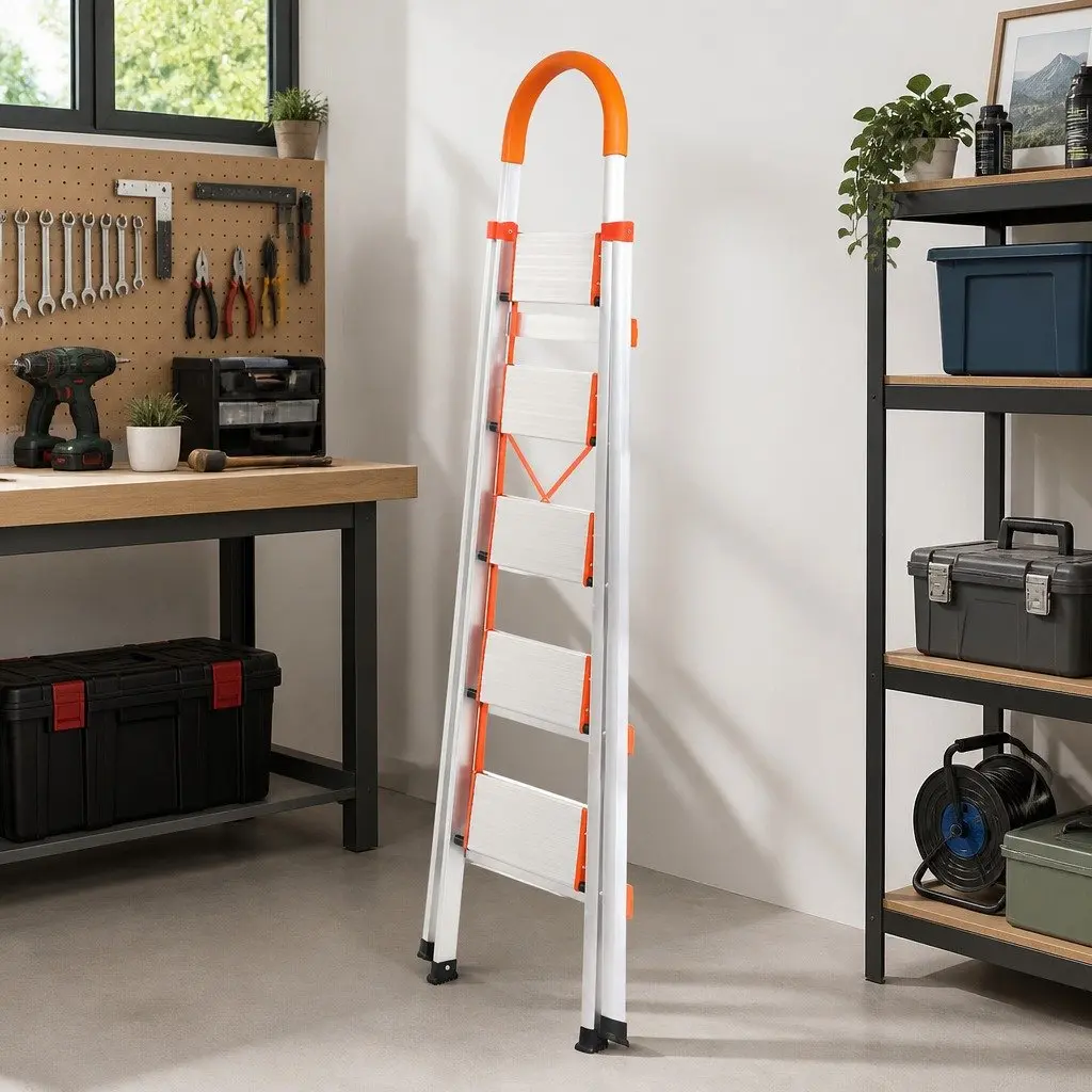 5 Step Folding Ladder Aluminium Non-Slip Grooved Steps Home Workshop Garage