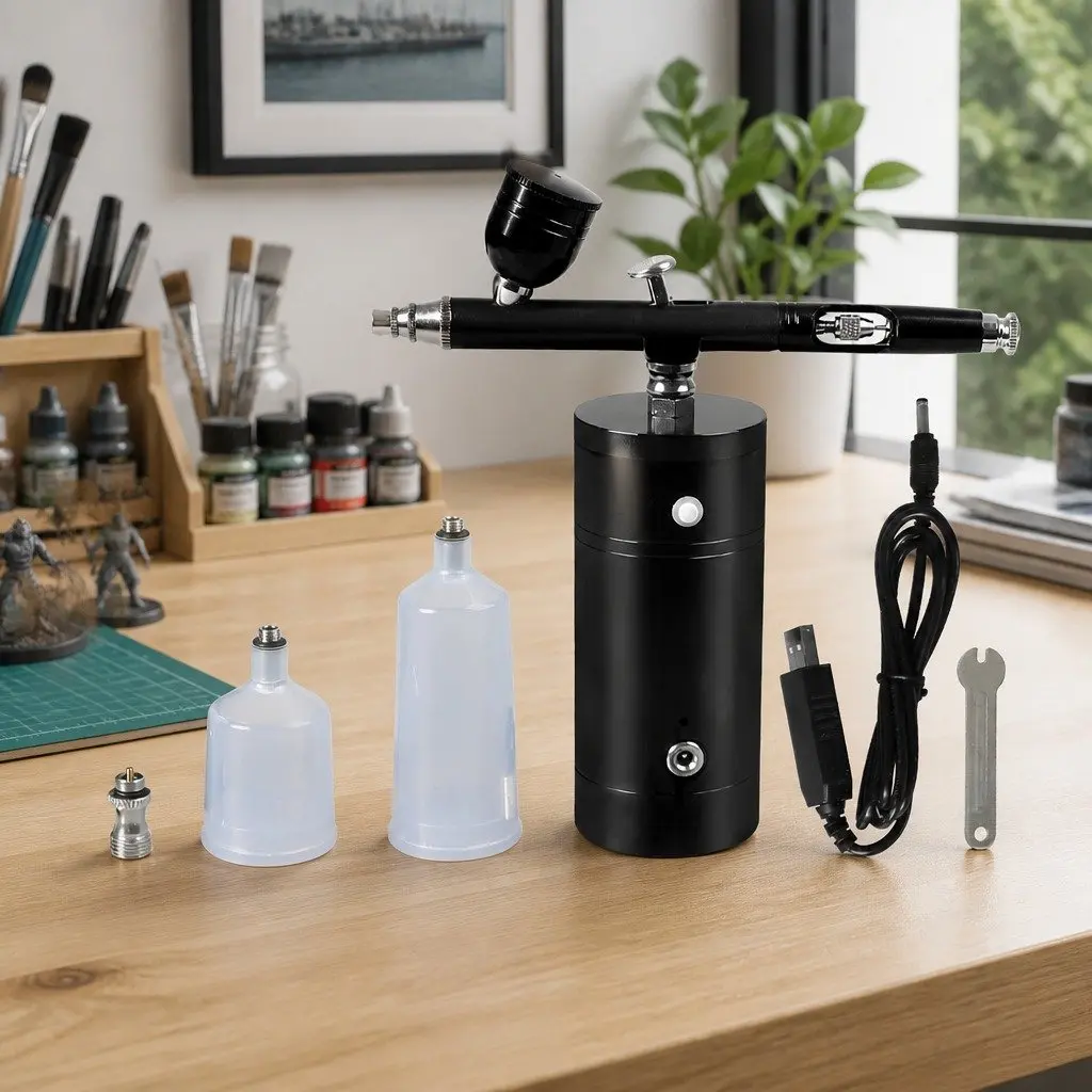 Airbrush Kit Black Cordless Handheld Compressor Lightweight USB Charging Dual Action
