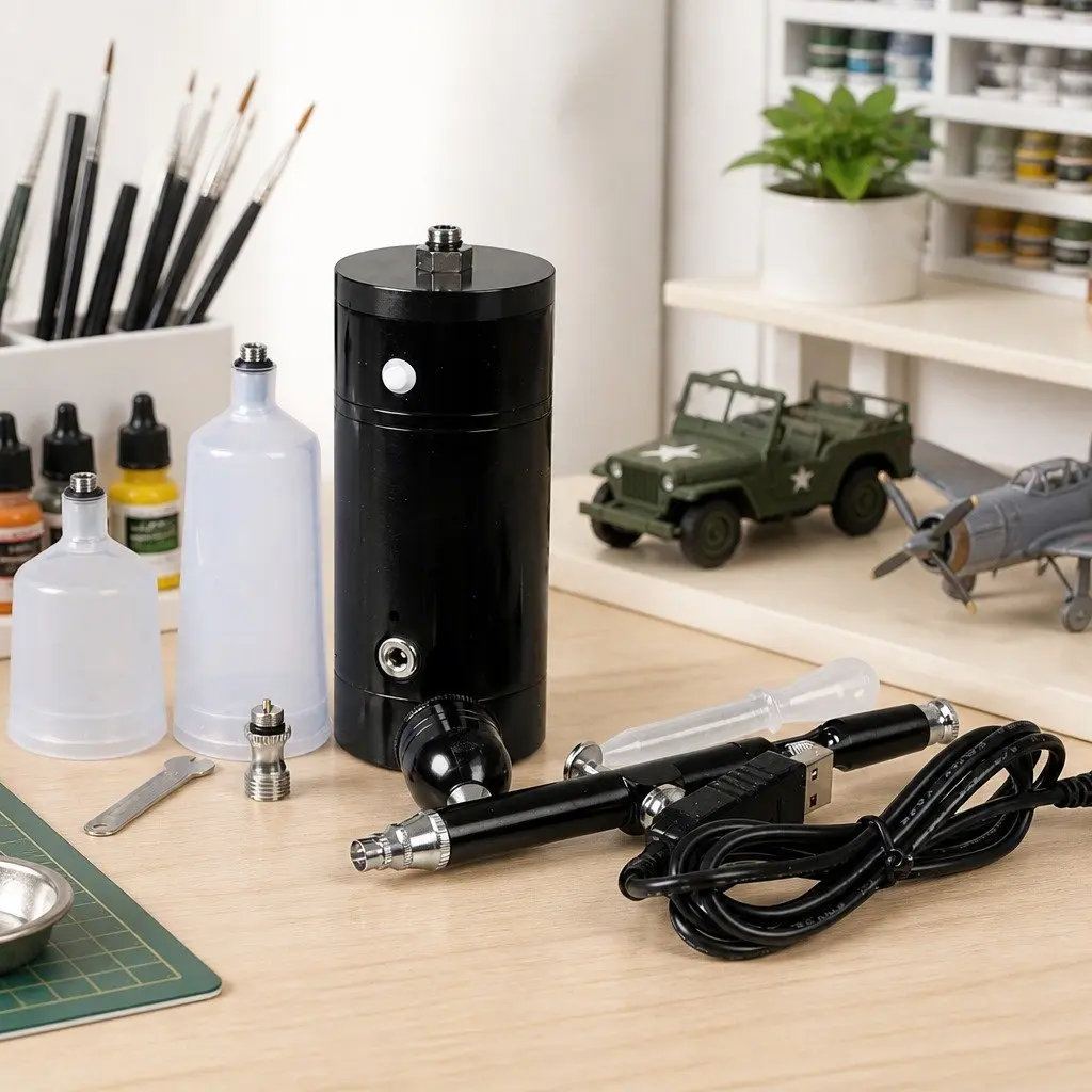 Airbrush Kit Black Cordless Handheld Compressor Lightweight USB Charging Dual Action