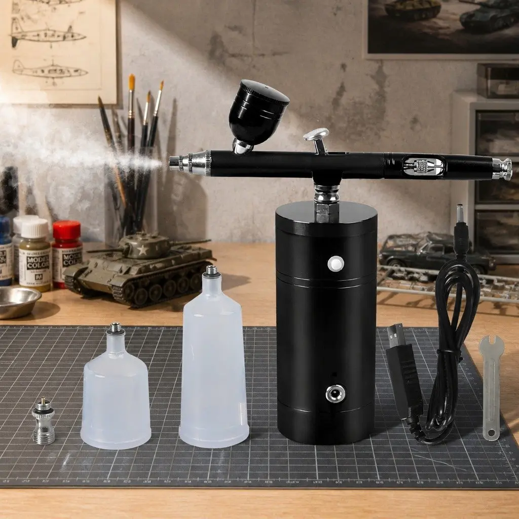 Airbrush Kit Black Cordless Handheld Compressor Lightweight USB Charging Dual Action