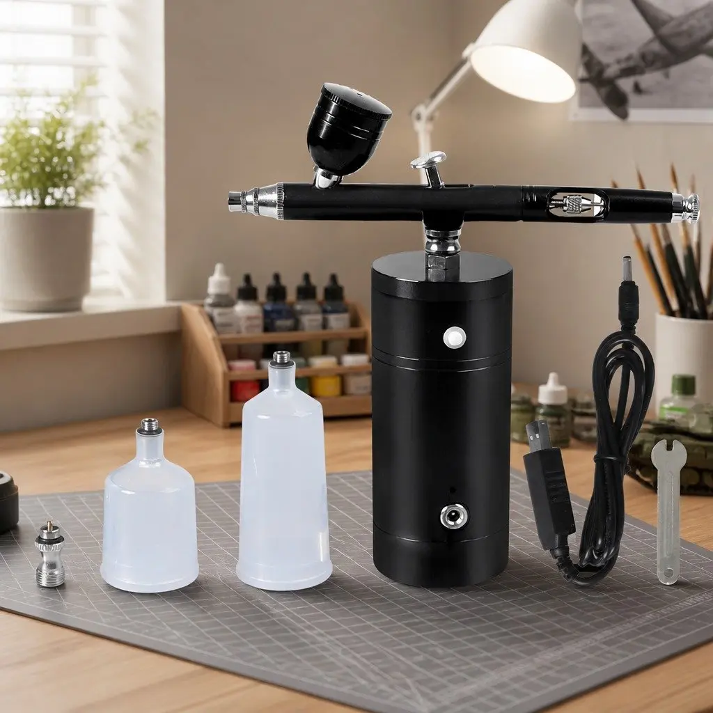 Airbrush Kit Black Cordless Handheld Compressor Lightweight USB Charging Dual Action